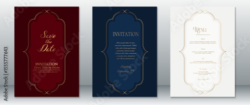 Wallpaper Mural Stylish and luxurious wedding invitation and menu card set with ornate golden frames on burgundy red, navy blue, and cream backgrounds. Perfect for classic, vintage, and modern wedding themes. Torontodigital.ca