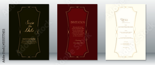 Elegant wedding invitation and menu card templates featuring ornate gold frames on dark black, burgundy red, and soft cream backgrounds. Ideal for luxury, vintage, and formal wedding themes