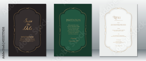 Stylish wedding invitation and menu card templates featuring luxurious gold borders on dark black, green, and soft cream backgrounds. Perfect for classic, elegant, and formal wedding designs.