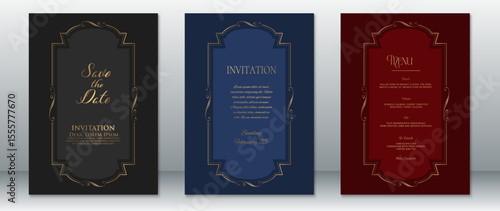Elegant wedding invitation and menu card templates featuring ornate gold frames on dark black, deep navy blue, and rich burgundy backgrounds. Ideal for luxurious, glamorous, or formal wedding.