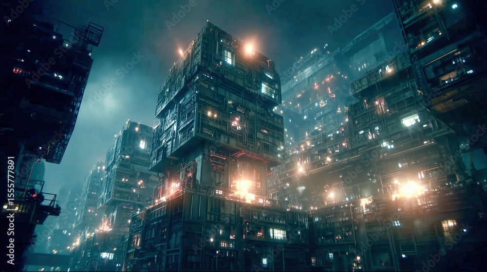 Obraz premium Futuristic cityscape with illuminated, geometric buildings.