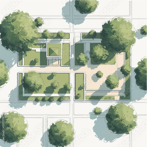 Architectural drawings in minimal style, including top-view elements of people in outdoor park scenes for landscape and site planning.