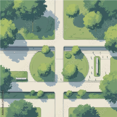 Architectural drawings in minimal style, including top-view elements of people in outdoor park scenes for landscape and site planning.