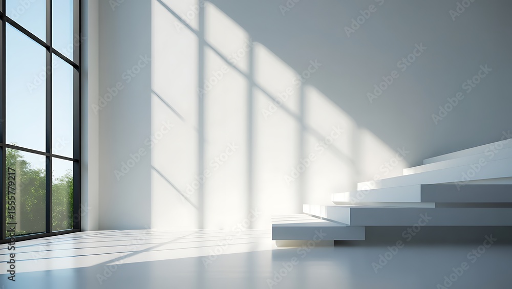 Obraz premium A large window illuminates a minimalist white room with a grand staircase