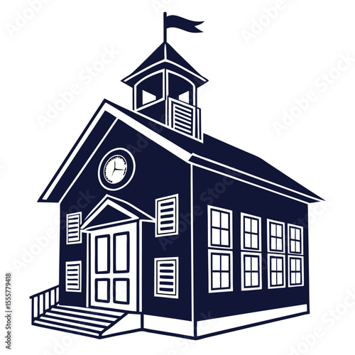 Vintage One Room Schoolhouse Illustration with Clock and Flag on Top