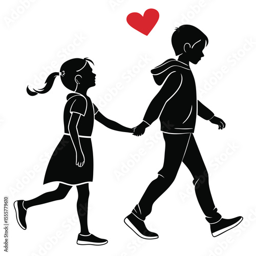 Silhouette of a boy and girl holding hands with a heart above them