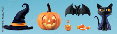 Happy halloween 3d vector set. Witch wizard hat, carved pumpkin jack lantern, black cat in dracula costume, vampire bat, magic potion and sweet candy. Helloween party invite realistic cute sale render