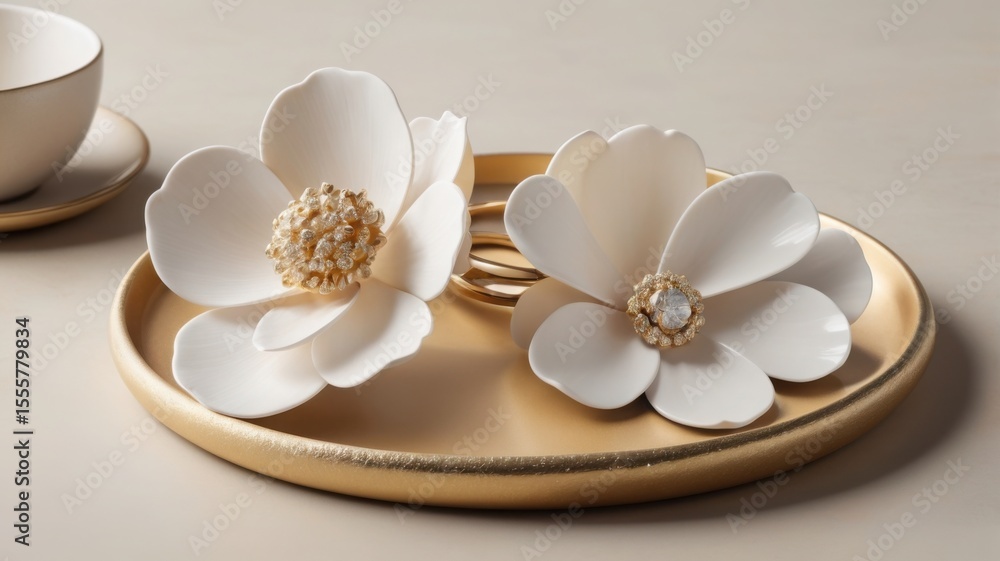 Fototapeta premium Elegant White Flowers on a Gold Tray, Perfect for Home Decor