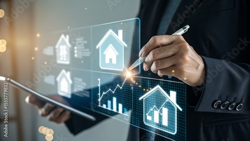 Businessman analyzing real estate market data on a futuristic digital interface