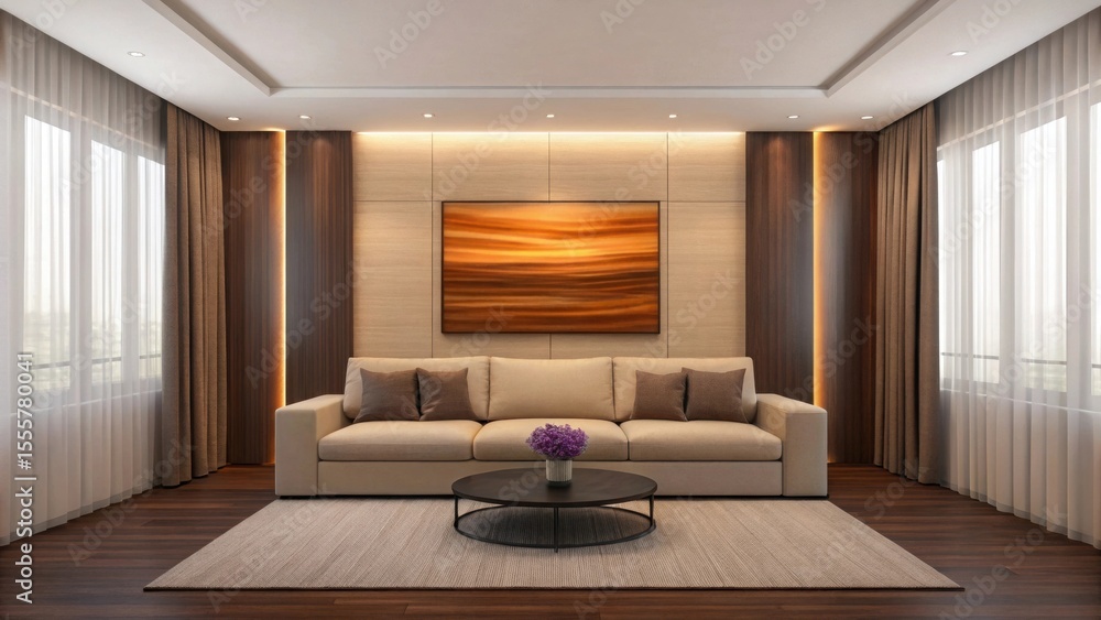 Fototapeta premium Modern Beige Sofa Living Room with Abstract Painting and Purple Flowers. Contemporary Elegant Living Room Featuring Dark Wood Floor and Sheer Curtains. Stylish Neutral Living Room