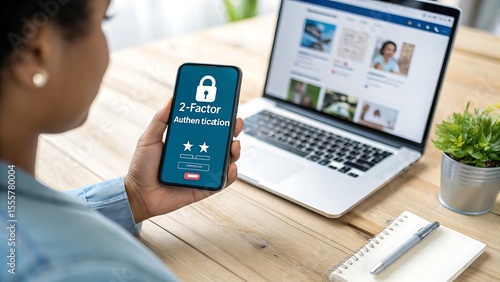 Woman holding smartphone displaying two factor authentication login screen
