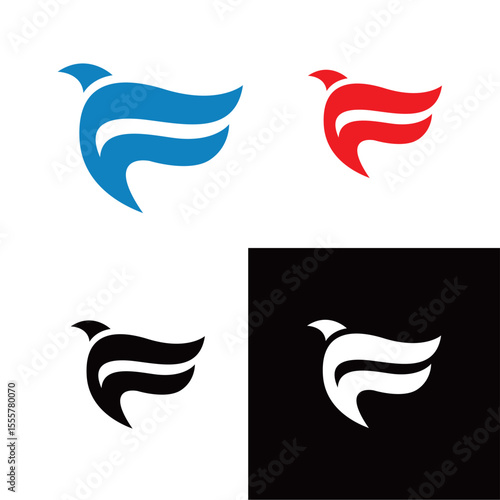 Letter F with Bird for Flap Free Flock Freedom Fly Flying Flight Feathers logo design, Minimal Logo branding design.