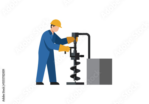 A construction worker operates a bit check machine, showcasing precision and industrial work. Clean, flat design illustration.