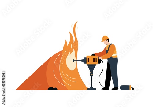 A construction worker operates a demolition hammer into a fiery wave. Dynamic illustration showcasing power and destruction. Bold colors and graphic style.