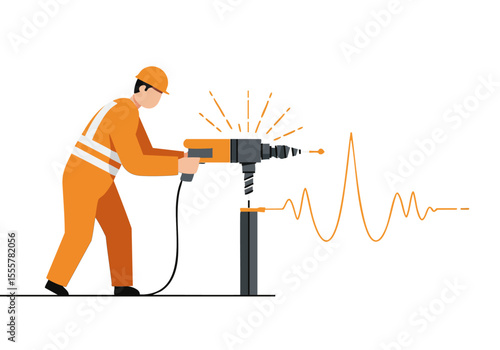 A construction worker operates a jackhammer, generating test waves visualized as an oscilloscope.  A modern, graphic style illustration.