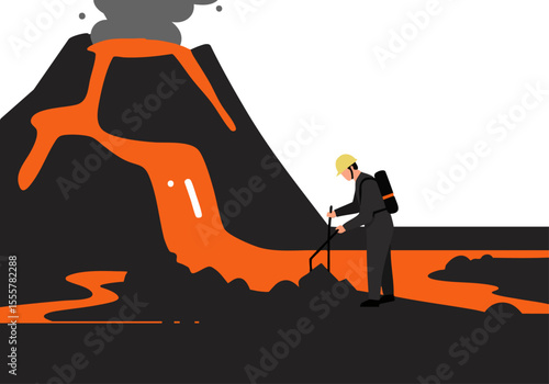 A geologist examines flowing lava near a volcano. Dramatic orange lava flows against a dark volcanic landscape. Professional, detailed illustration.