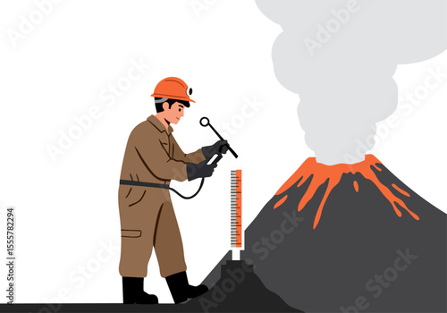 A geologist monitors a volcano with a level monitor, showcasing volcanic activity. Dramatic, detailed illustration. Suitable for science, nature, and environmental themes.