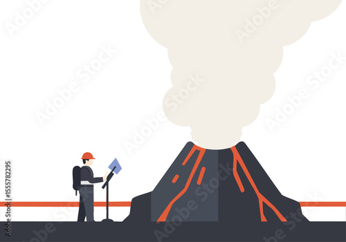 A geologist reads a report near a steaming volcano. Dramatic landscape, vibrant colors, and a sense of scientific observation. Suitable for business, science, and nature themes.