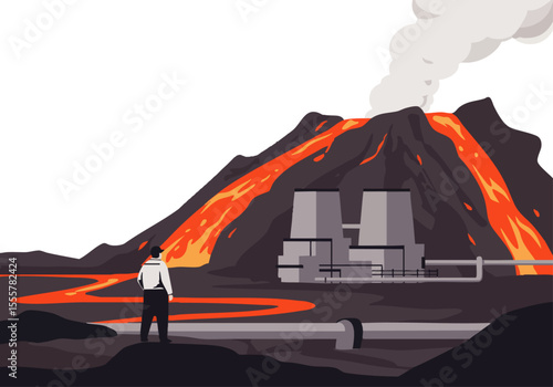 A lone professional observes a volcanic eruption near a power plant. Dramatic, stylized illustration with fiery lava and a stark landscape. Evokes a sense of scale and potential danger.