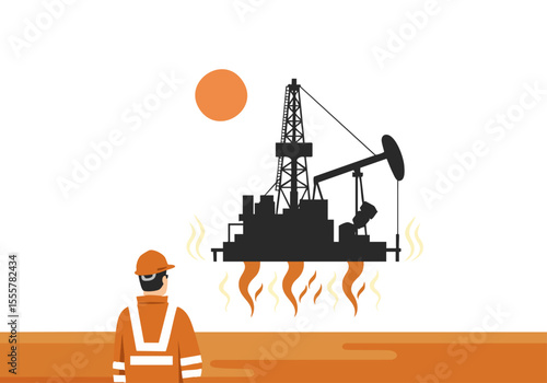 A lone worker monitors an oil rig under a blazing sun. The scene conveys heat and industry.  Clear composition, vibrant colors, and a professional setting.