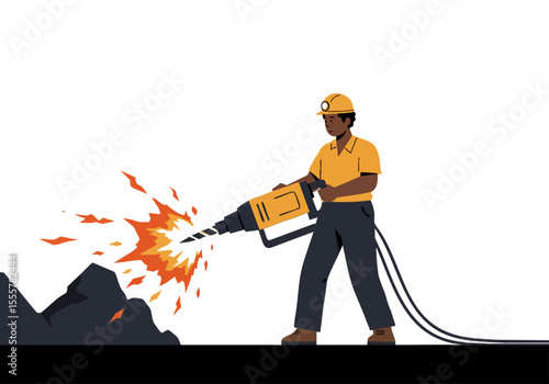 A miner uses a jackhammer to break rock, creating a burst of heat. Dynamic action shot, showcasing strength and industrial work. Bold colors and dramatic lighting.