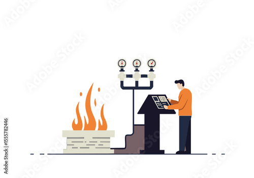 A man monitors a complex industrial control panel with flames visible, emphasizing careful management and potential risk. Clean, modern illustration style.