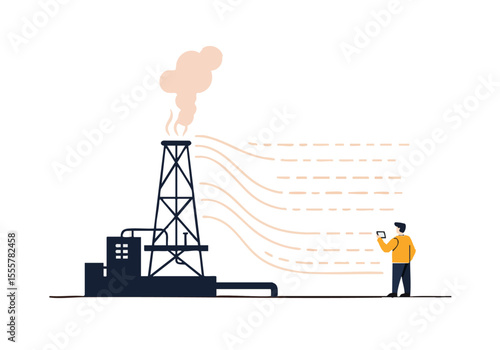 A man monitors seismic waves emanating from an oil rig. Modern illustration style, conveying data analysis and energy exploration. Clean, graphic design.