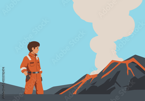 monitor observes a volcanic eruption showcasing a dramatic landscape The image features a  figure in an orange safety suit highlighting a powerful natural event  Strong composition and color contrast