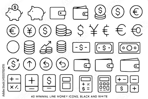 "40 minimal line money icons, black and white, including piggy banks, wallets, coins, and calculators, modern outline style, isolated on white background."