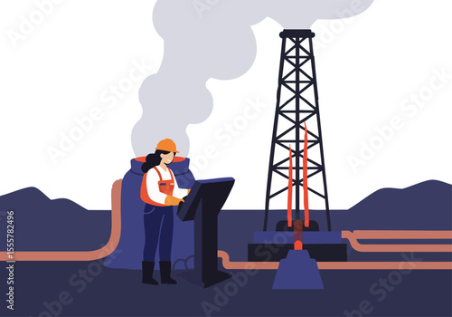 A female oilfield technician monitors equipment at a well site. A modern, stylized illustration showcases industry and technology.  Clear composition, vibrant colors.