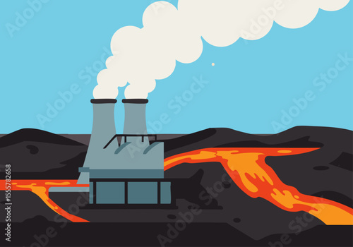 stylized illustration depicts a steam field with a factory emitting steam and lava flows A clean modern design showcases a volcanic landscape Suitable for educational or environmental themes