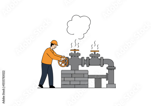 A worker adjusts valves on a pipe, releasing steam. Industrial setting, focused on heat and maintenance. Clear, bright illustration.
