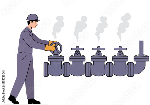 A worker checks valves on a pipe system, releasing steam.  Clear, modern illustration with a focus on industrial maintenance.  Professional, detailed, and visually engaging.