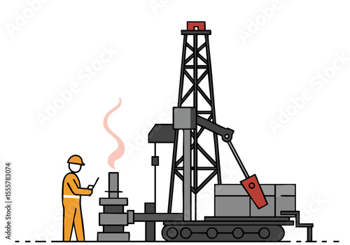 A worker monitors a drilling rig, checking data on a handheld device. The rig emits steam, showcasing a hot, industrial scene. Modern illustration style.