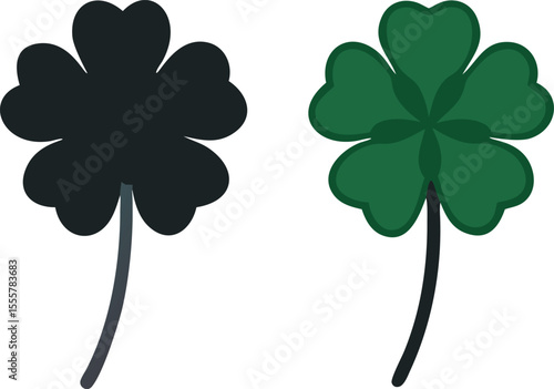 Two Four Leaf Clovers One Green and One Black Isolated on a White Background