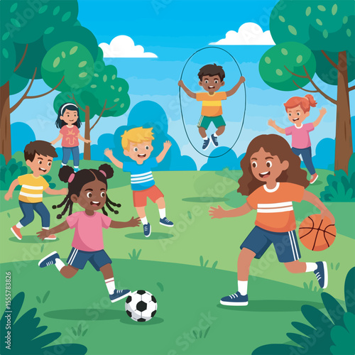 Happy Children Playing Outdoors Soccer, Basketball, Jump Rope Fun