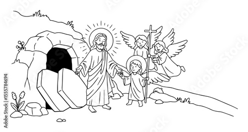 jesus resurrection outline vector with angels and tomb