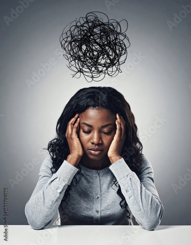 Frustrated Woman Holding Head with Scribble Cloud Above – Mental Health, Anxiety, and Emotional Overwhelm Concept