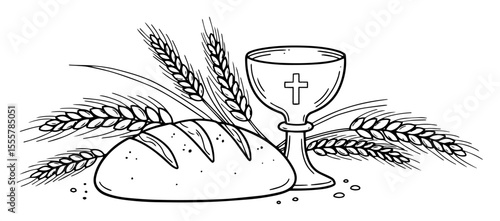 bread and chalice outline vector for eucharist or communion
