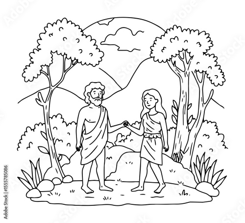 adam and eve outline vector for biblical or religious design