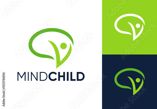 simple people brain logo design. happy child smart brain innovation technology vector design concept
