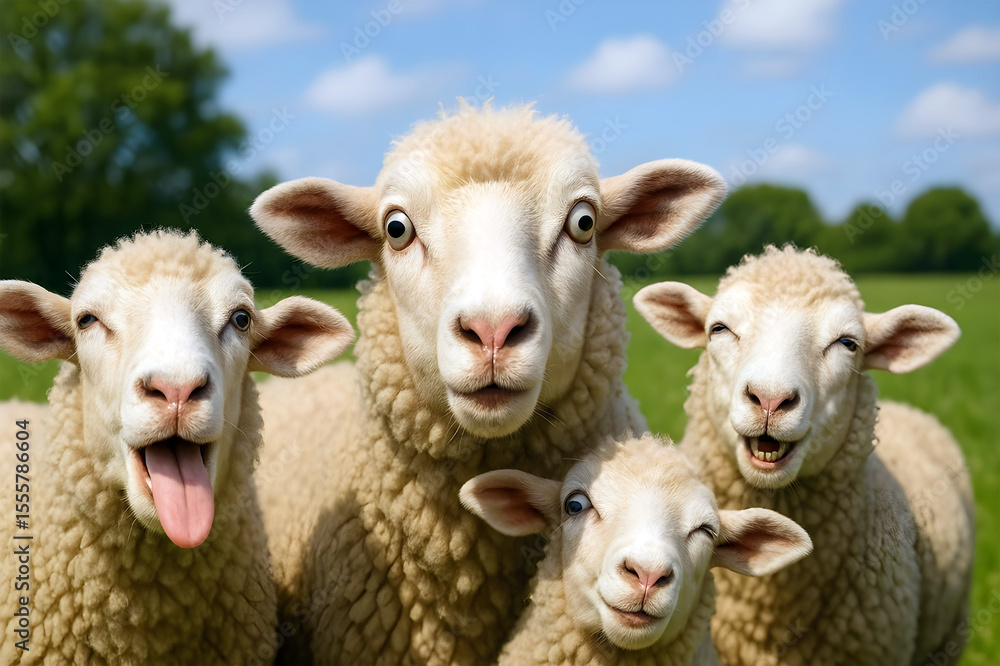 Fototapeta premium Group of funny sheep making silly faces at the camera, humorous farm scene.