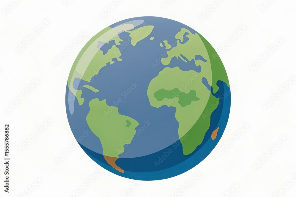 Fototapeta premium Stylized glossy globe with simplified continents. Minimalist Earth illustration on white background. 3D globe with clean design.