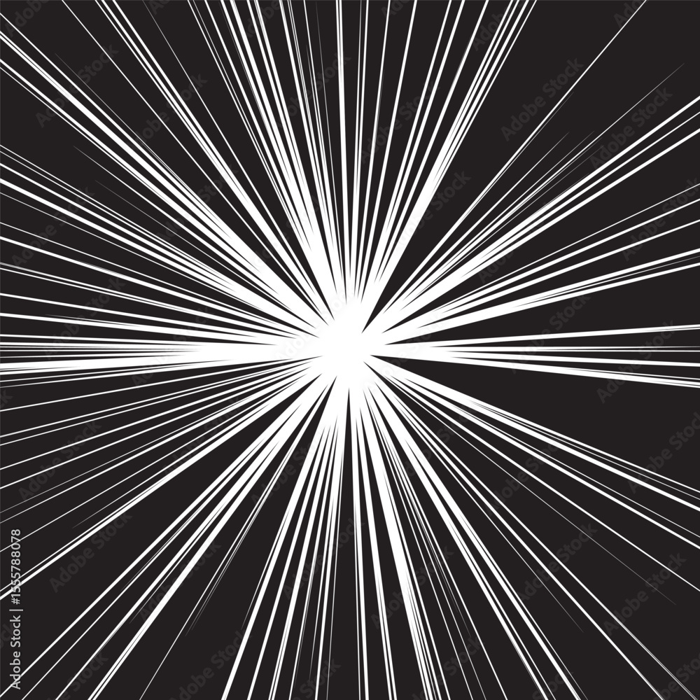 Obraz premium Comic style speed burst explosion with radial lines. Dynamic manga action background for anime scenes, superhero effects, motion overlays, print and web design. Vector illustration.