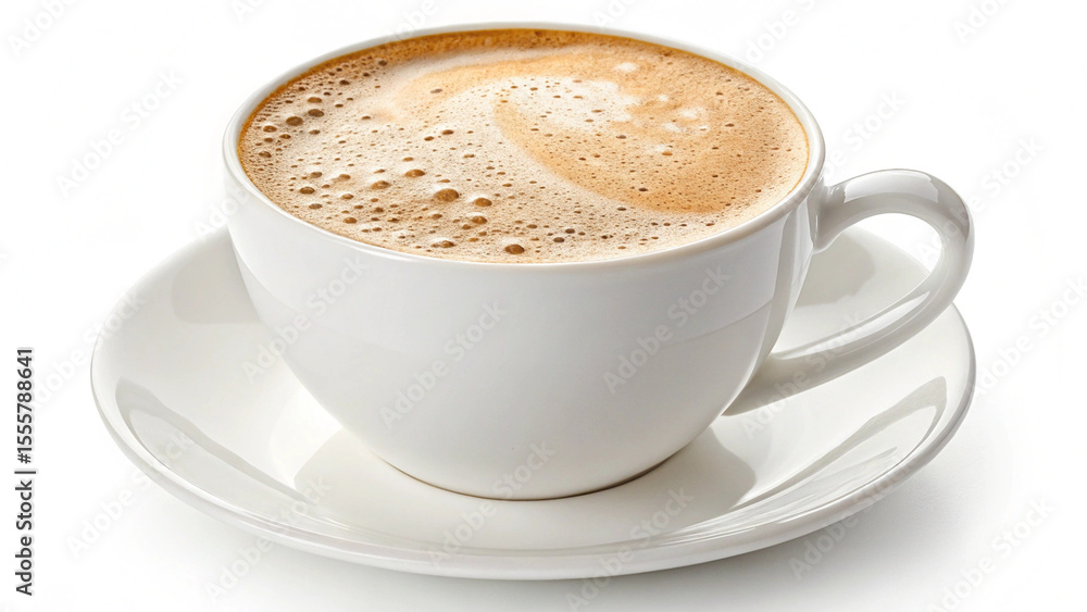 Obraz premium Photo of a steaming cup of coffee with a swirl of foam sits on a saucer, isolated on white background