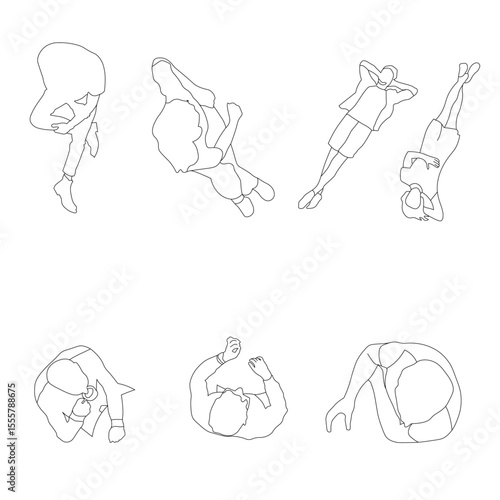 Minimal linear top view silhouettes of people sitting and walking, perfect for architectural plans, urban design projects, and infographics.