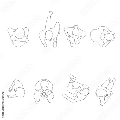 Clean line art silhouettes of people in various seated and walking positions viewed from above, ideal for floor plans, wayfinding systems, and modern infographics.
