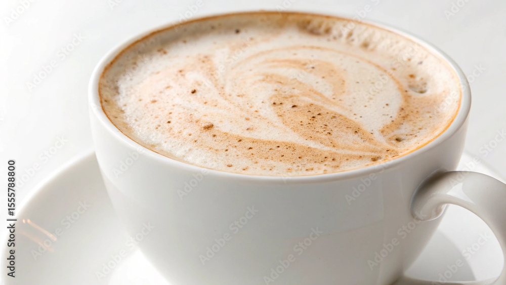 Obraz premium Photo of closeup of a latte with a swirled foam design in a white cup and saucer