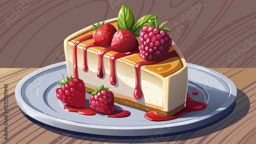 A thick slice of creamy cheesecake with a golden graham cracker crust rests on a marble plate. A glossy raspberry sauce pools on top and trickles down the sides, garnished with a few fresh berries. 