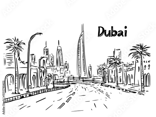 dubai street view skyline hand drawn illustration